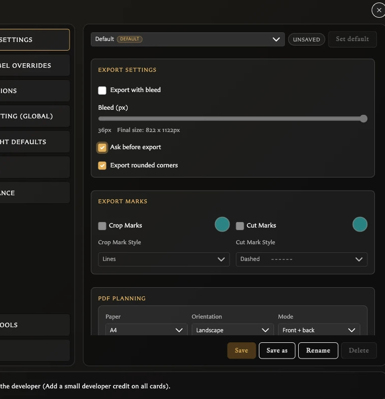 Export Settings marked Unsaved with its category navigation and Save action visible.