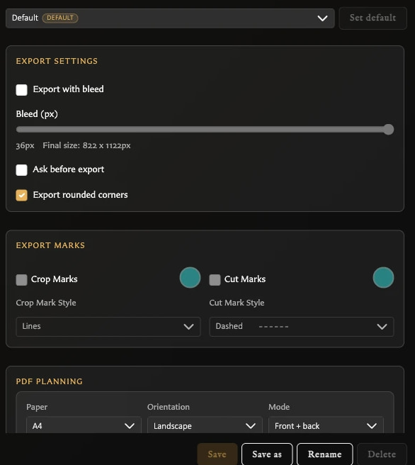 Export Settings showing a profile selector, profile actions, image settings, export marks, and PDF planning.