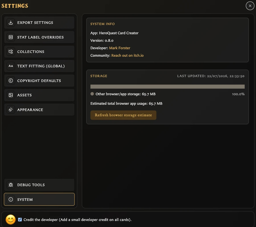 System settings panel showing app information and estimated browser storage usage.