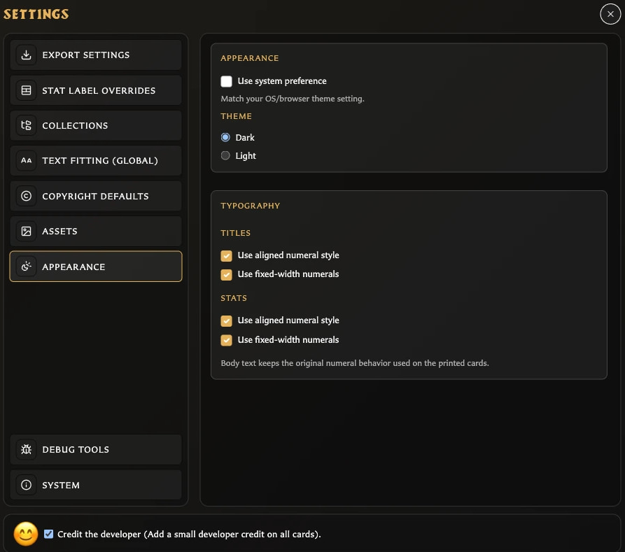 Appearance settings showing dark and light themes plus title and statistics typography options.