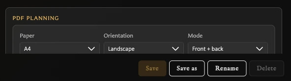 PDF Planning controls for paper size, landscape orientation, front and back mode, and profile actions.