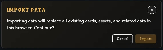 Import Data confirmation warning that appears after a library file has been accepted.