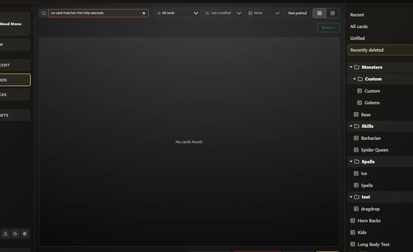 Cards workspace showing No cards found with a search term and collection filters still active.