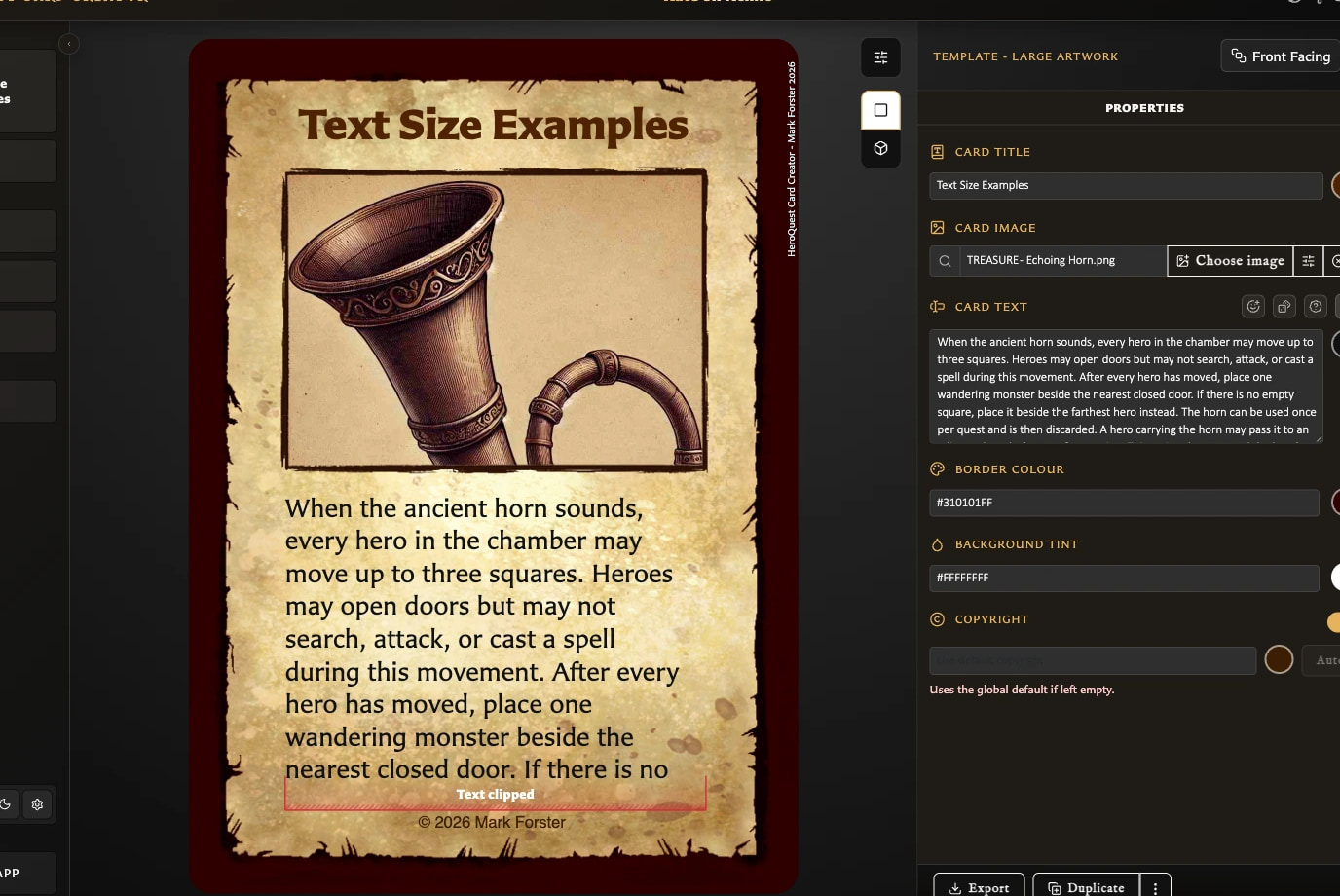 Large Artwork card with overflowing body text beside a visible Text clipped warning.