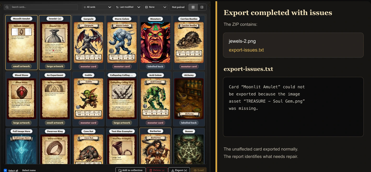 Bulk export completion with export-issues.txt beside a report naming a card whose image was missing.