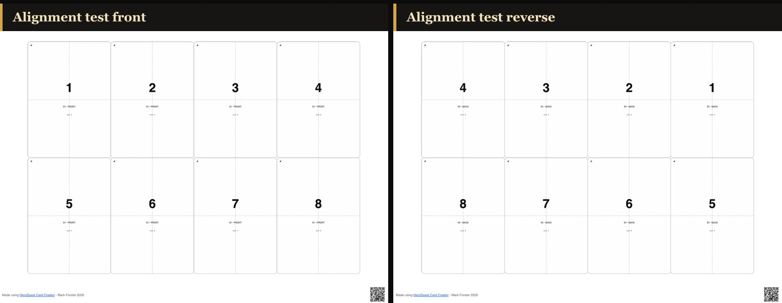 Alignment test front and reverse PDF pages with numbered cells arranged in mirrored order.