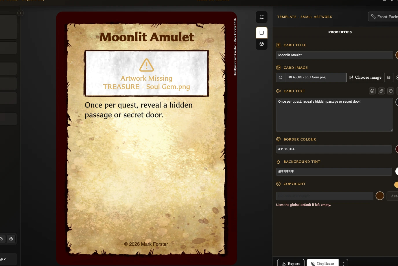Moonlit Amulet card showing an Artwork Missing message and the missing image filename.