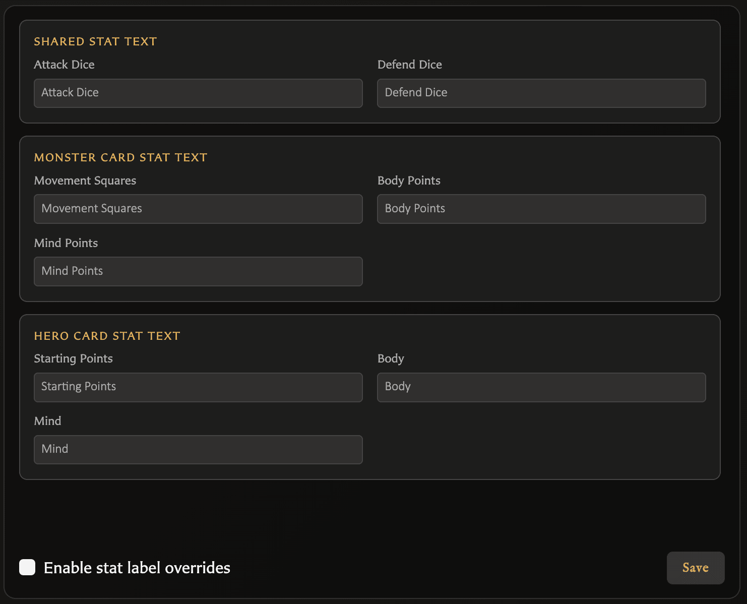 Stat Label Overrides settings panel with shared, Monster Card, and Hero Card label fields.