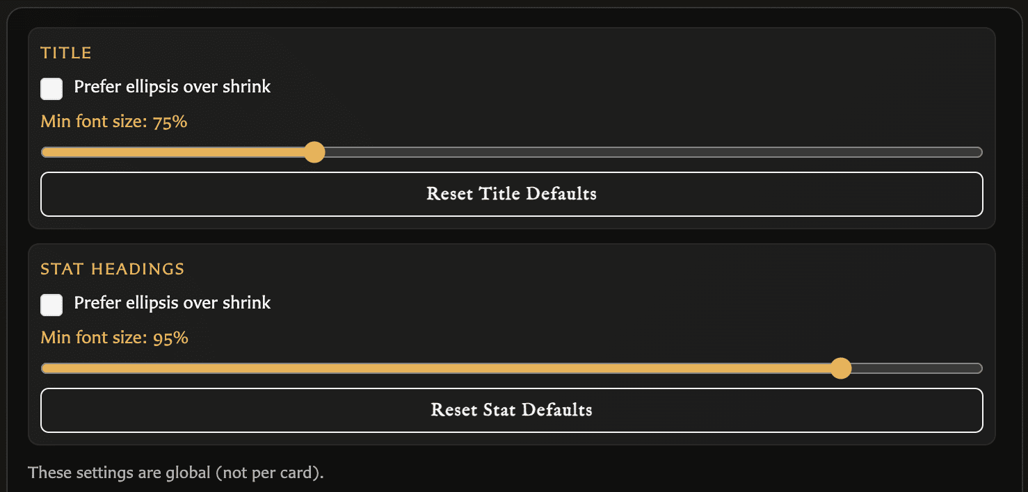 Text Fitting settings panel showing global title and stat heading fitting controls.