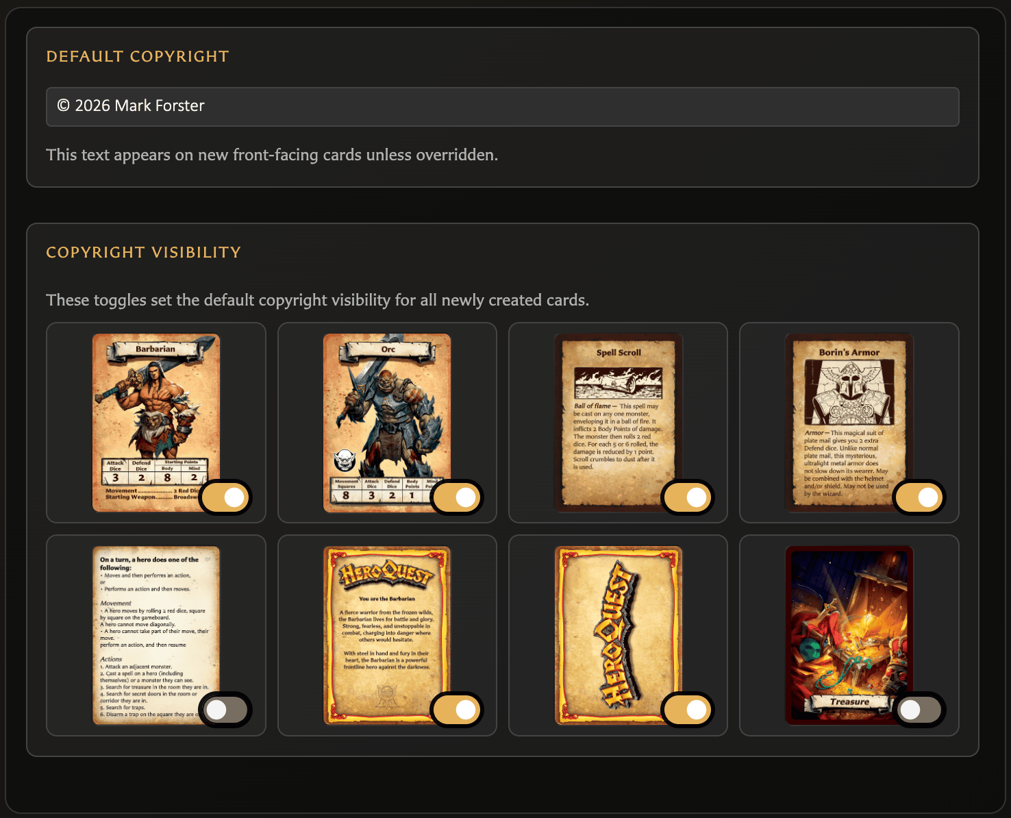 Copyright Defaults settings panel with default text and per-template visibility controls.