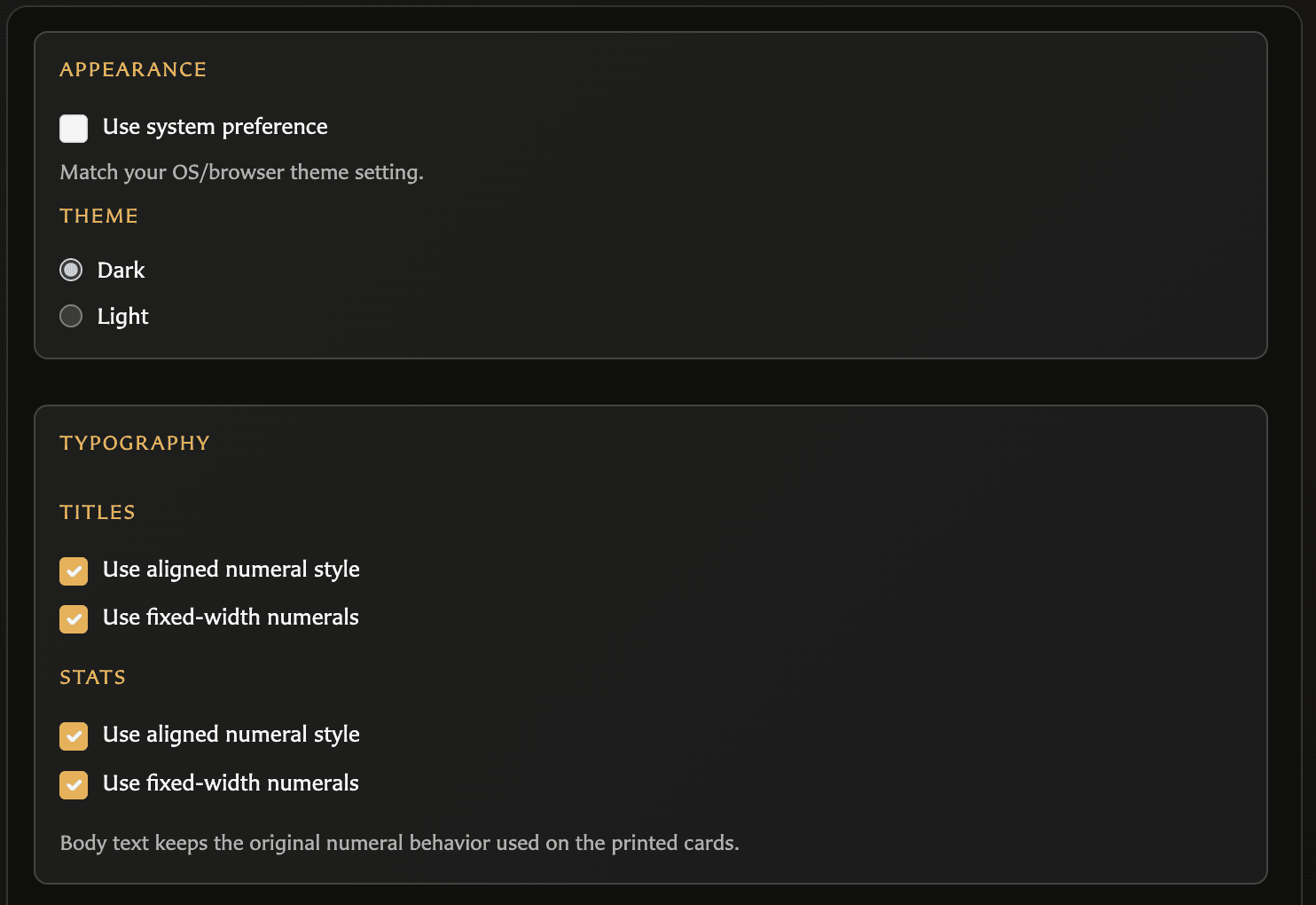 Appearance settings panel with theme and typography controls.