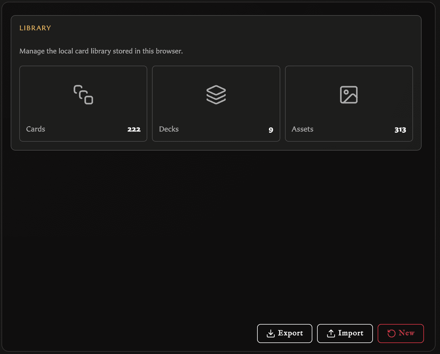 Library settings panel with cards, decks, assets, export, import, and new-library actions.