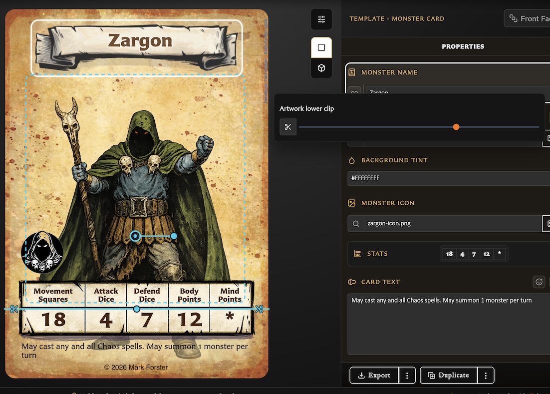 Hero artwork selected with the lower clip guide, scissors handles, and lower clip controls visible.